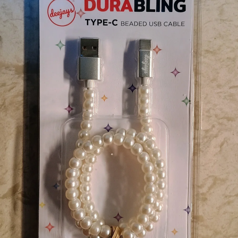 DuraBling Type-C Beaded USB Cable - Silver and Pearls